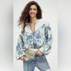 New Free  People Tie Dye Jacket True Blue Crochet  Relaxed Blue Green size XS